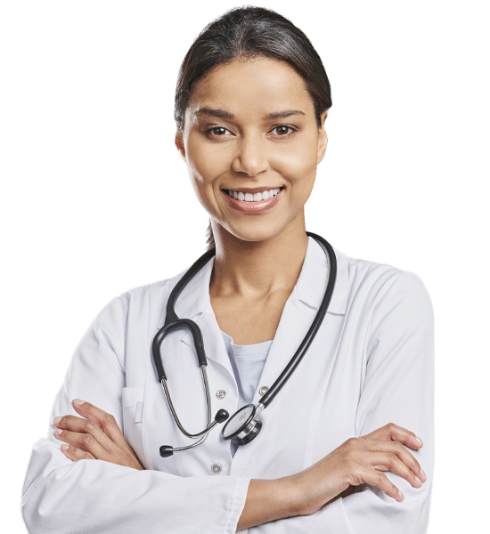 smiling doctor with stethoscope around her neck