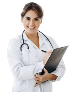 Smiling doctor writing on her clipboard